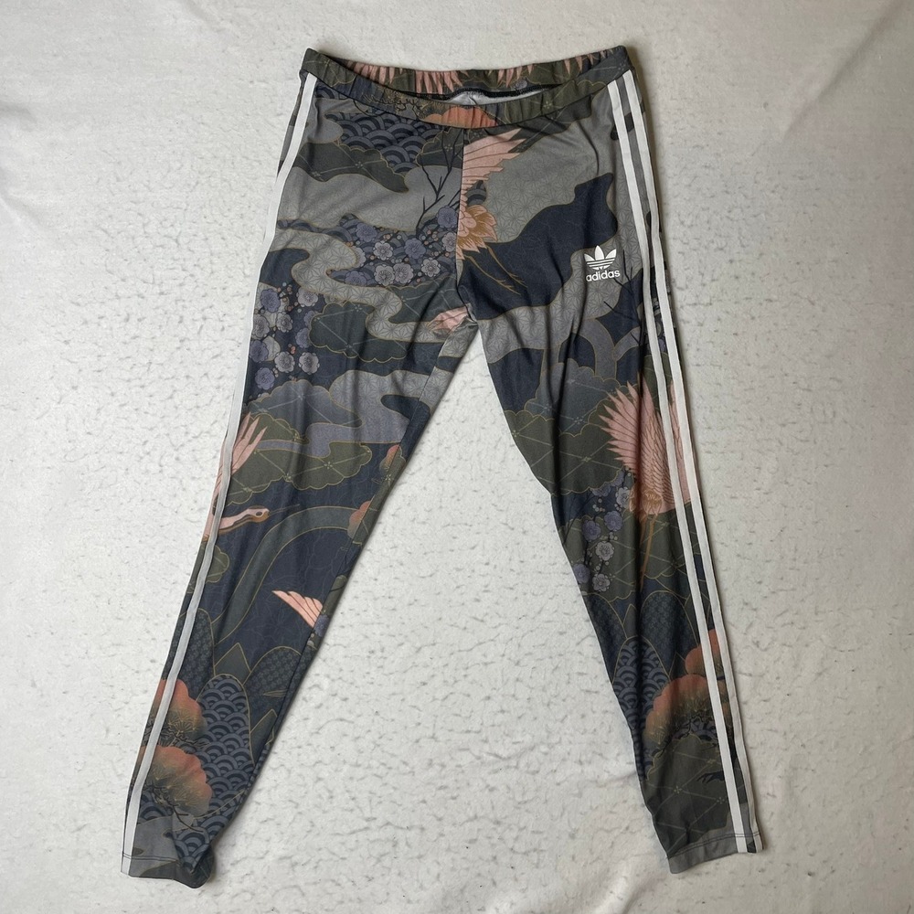 Adidas Leggings Womens Large Gray‎ Rita Ora Crane Print Art 3-Stripe Athletic